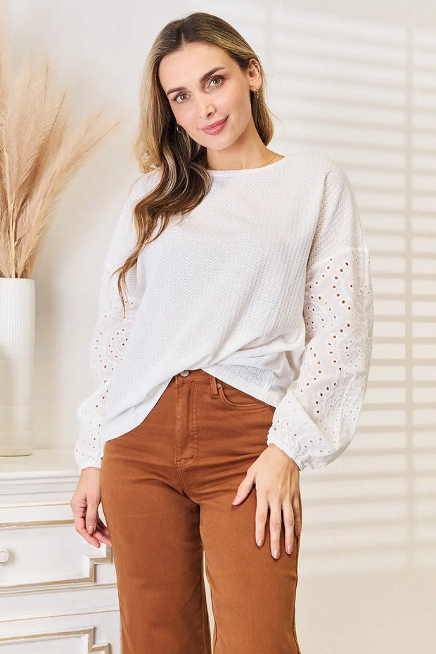 Eyelet Dropped Shoulder Round Neck Blouse - Fashionmj