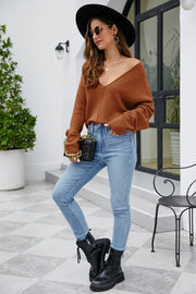 V-Neck Drop Shoulder Long Sleeve Knit Top - Fashionmj