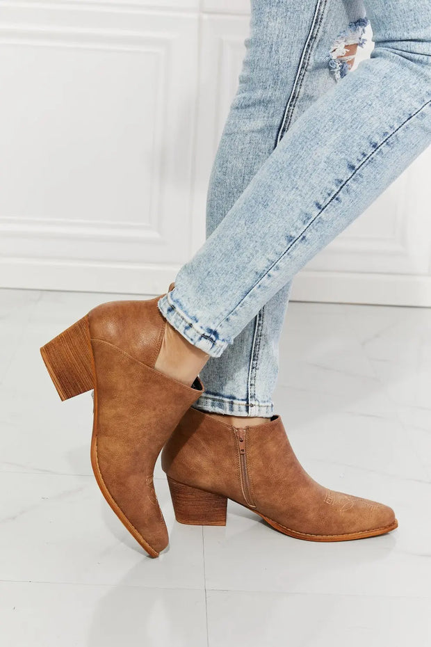 MMShoes Trust Yourself Embroidered Crossover Cowboy Bootie in Caramel - Fashionmj