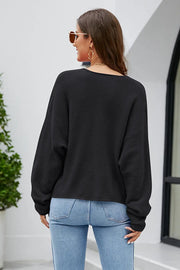 V-Neck Drop Shoulder Long Sleeve Knit Top - Fashionmj