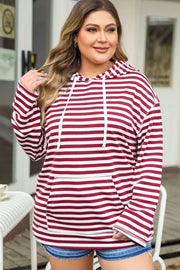 Plus Size Drawstring Striped Dropped Shoulder Hoodie - Fashionmj