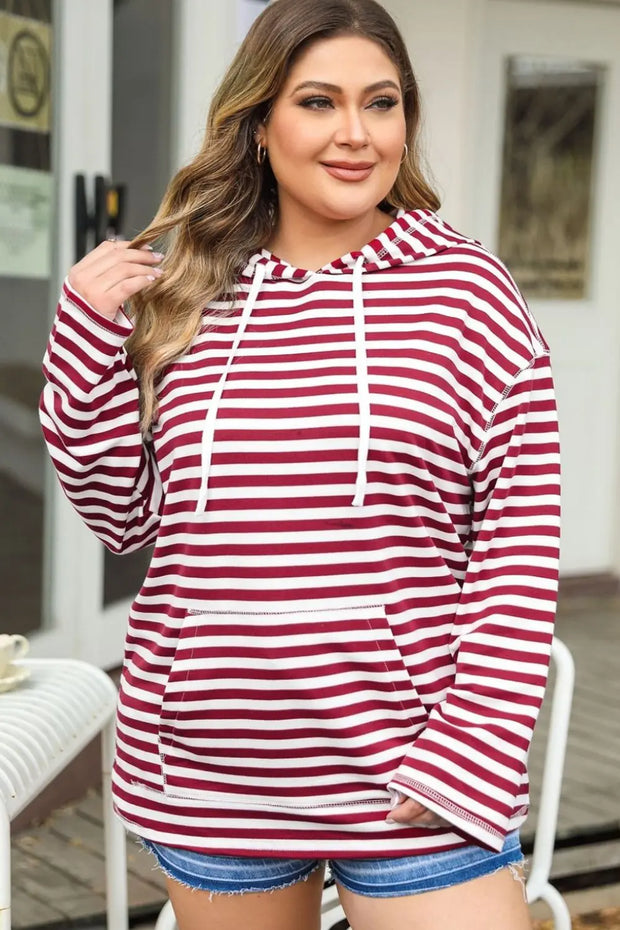 Plus Size Drawstring Striped Dropped Shoulder Hoodie - Fashionmj