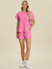 Double Take Full Size Texture T-Shirt and Shorts Set - Fashionmj