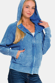 Zenana Washed Zip Up Hooded Jacket - Fashionmj