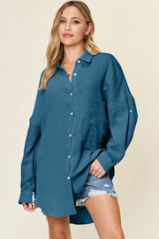 Double Take Full Size Pocketed Texture Button Up Shirt - Fashionmj