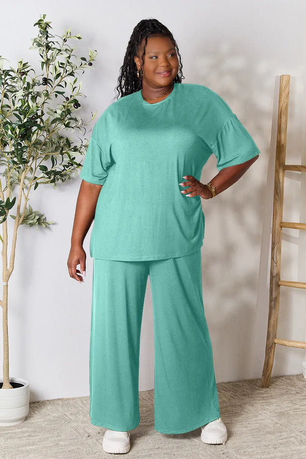 Double Take Full Size Round Neck Slit Top and Pants Set - Fashionmj