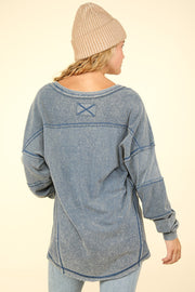 VERY J Washed V-Neck Exposed Seam Knit Top - Fashionmj