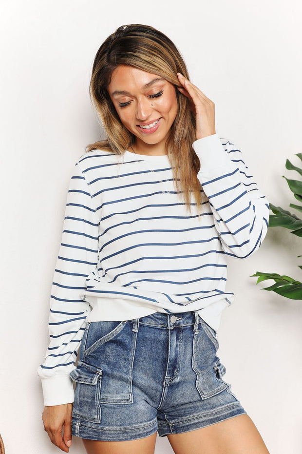 Double Take Striped Long Sleeve Round Neck Top - Fashionmj