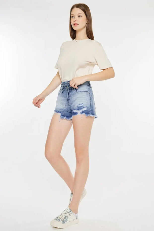 Kancan High Rise Frayed Hem Denim Shorts - Fashionmj