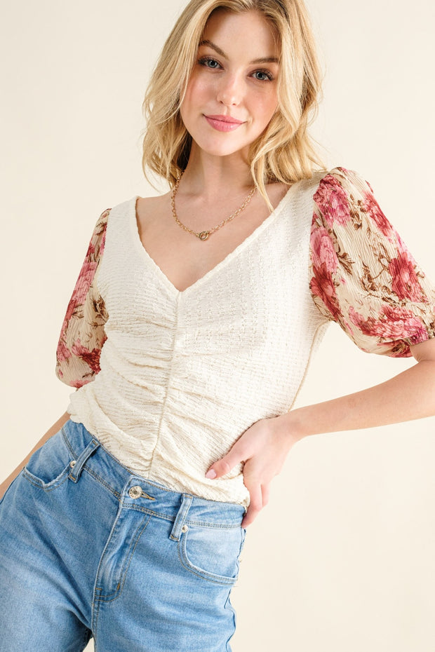 And The Why Full Size Floral Print Textured Sleeve Knit Top - Fashionmj