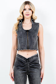 American Bazi Zip Up Washed Crop Denim Vest - Fashionmj