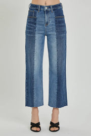 RISEN Full Size Mid-Rise Waist Two-Tones Jeans with Pockets - Fashionmj