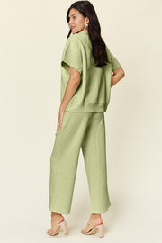 Double Take Full Size Texture Half Zip Short Sleeve Top and Pants Set - Fashionmj