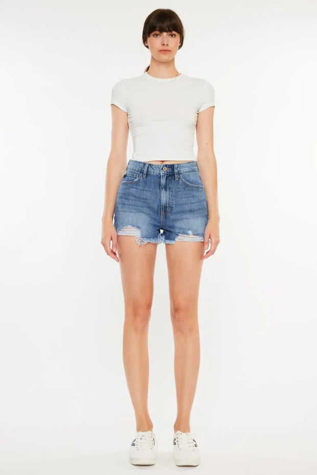 Kancan Distressed Raw Hem High Waist Denim Shorts - Fashionmj