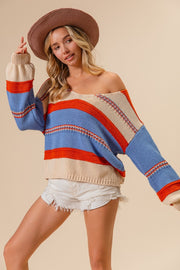 BiBi Multi Color Stripe Scoop Neck Sweater - Fashionmj