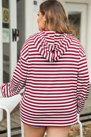 Plus Size Drawstring Striped Dropped Shoulder Hoodie - Fashionmj