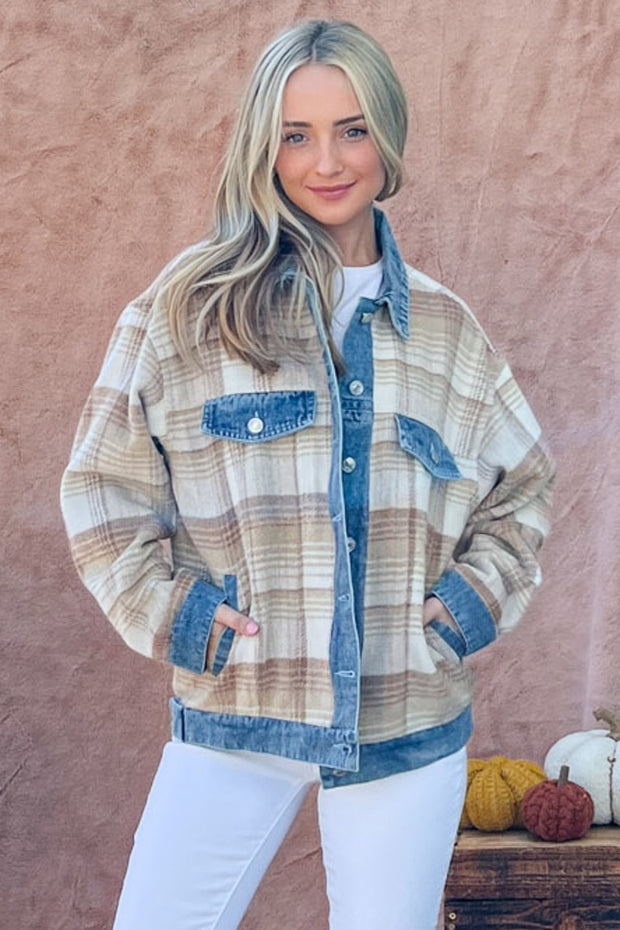 And The Why Full Size Washed Denim Detail Brushed Plaid Jacket - Fashionmj