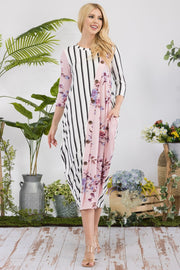 Celeste Full Size Floral Striped Contrast Midi-Dress with Pockets - Fashionmj