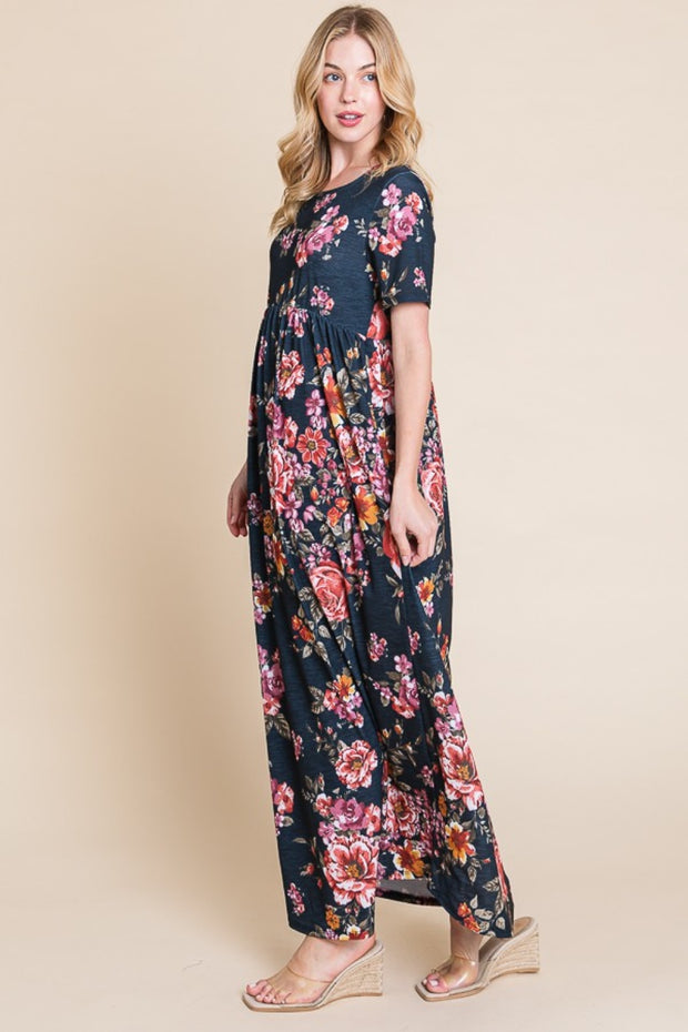 BOMBOM Floral Short Sleeve Maxi Dress - Fashionmj