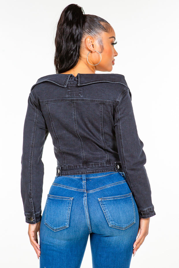 American Bazi Off Shoulder Lace Up Denim Jacket - Fashionmj