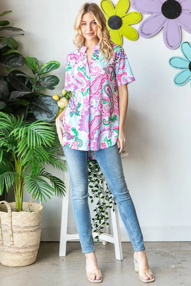 Heimish Full Size Paisley Print Short Sleeve Top - Fashionmj