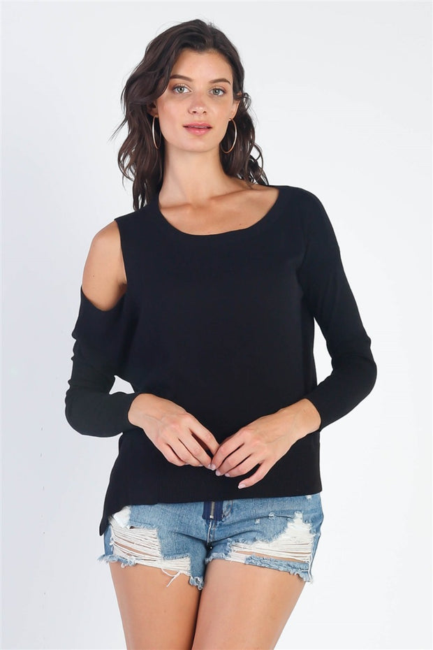 UNIQ Cold Shoulder Long Sleeve Knit Top - Fashionmj