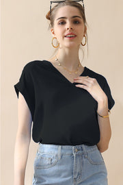 Ninexis V-Neck Trim Rolled Short Sleeve Shirt - Fashionmj