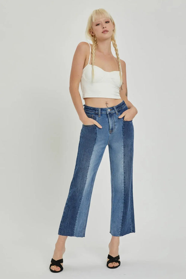 RISEN Full Size Mid-Rise Waist Two-Tones Jeans with Pockets - Fashionmj