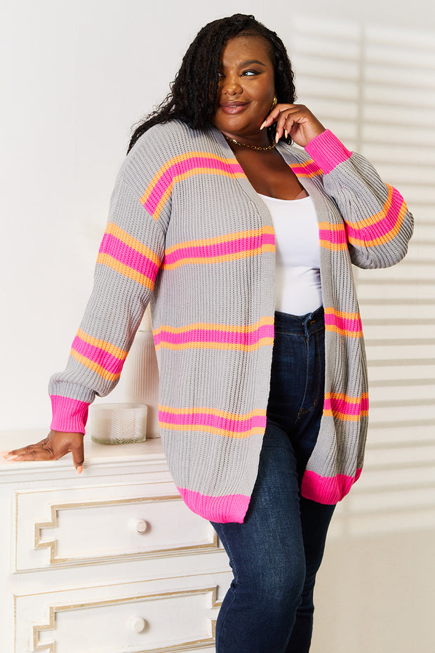 Woven Right Ribbed Long Sleeve Cardigan - Fashionmj