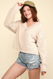 VERY J Exposed Seam V-Neck Ribbed Knit Top - Fashionmj