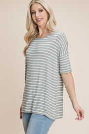 BOMBOM Striped Round Neck T-Shirt - Fashionmj