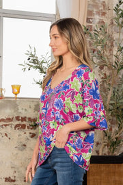 Sew In Love Full Size V-Neck Floral Half Sleeve Top - Fashionmj