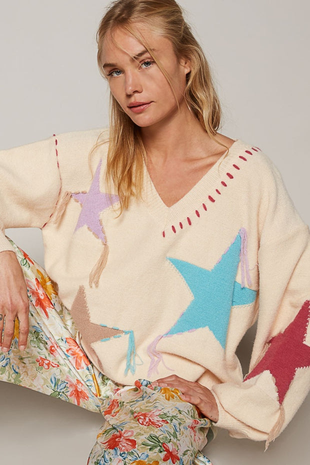 POL V-Neck Long Sleeve Star Fringe Sweater - Fashionmj