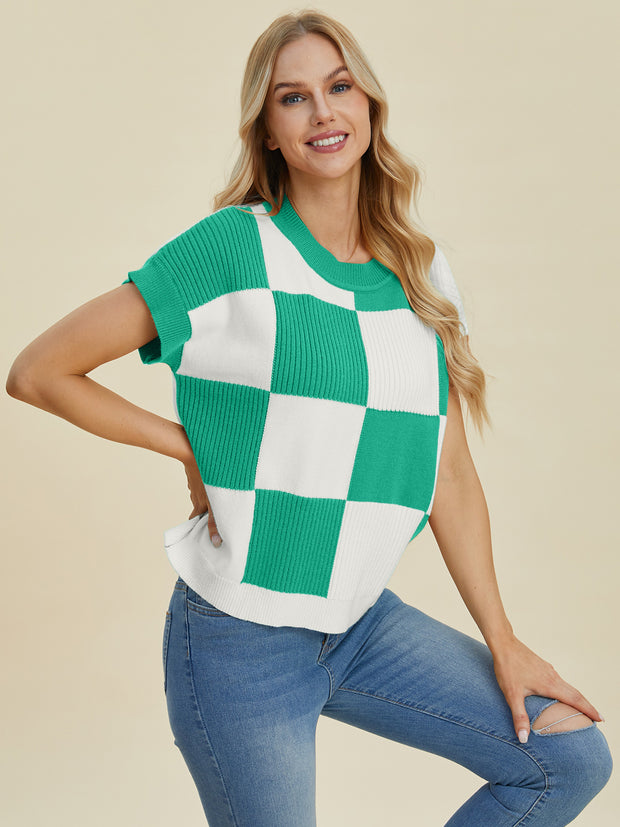 Double Take Full Size Checkered Round Neck Short Sleeve Sweater - Fashionmj