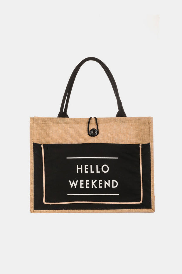 Fame Hello Weekend Burlap Tote Bag - Fashionmj