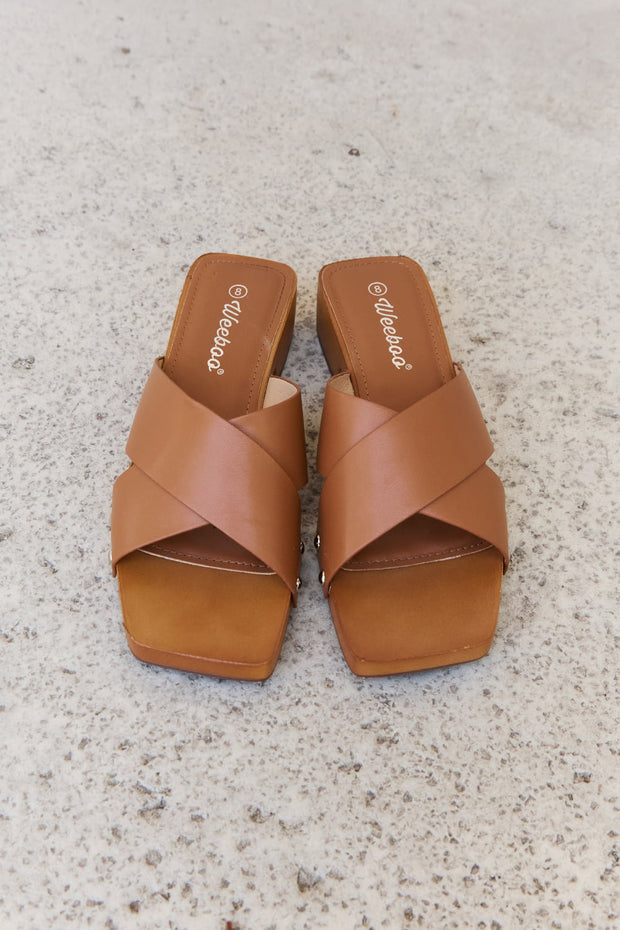 Weeboo Step Into Summer Criss Cross Wooden Clog Mule in Brown - Fashionmj