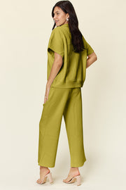 Double Take Full Size Texture Half Zip Short Sleeve Top and Pants Set - Fashionmj