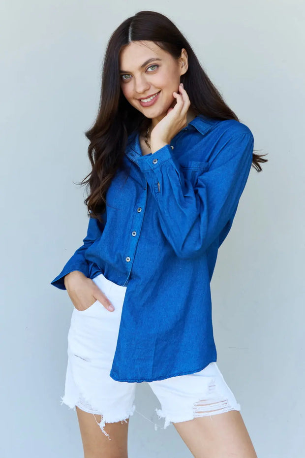 Doublju Blue Jean Baby Denim Button Down Shirt Top in Dark Blue - Fashionmj