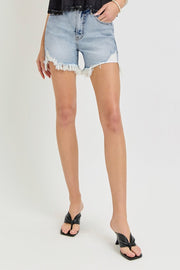 RISEN High Rise Side Step Hem Denim Shorts - Fashionmj