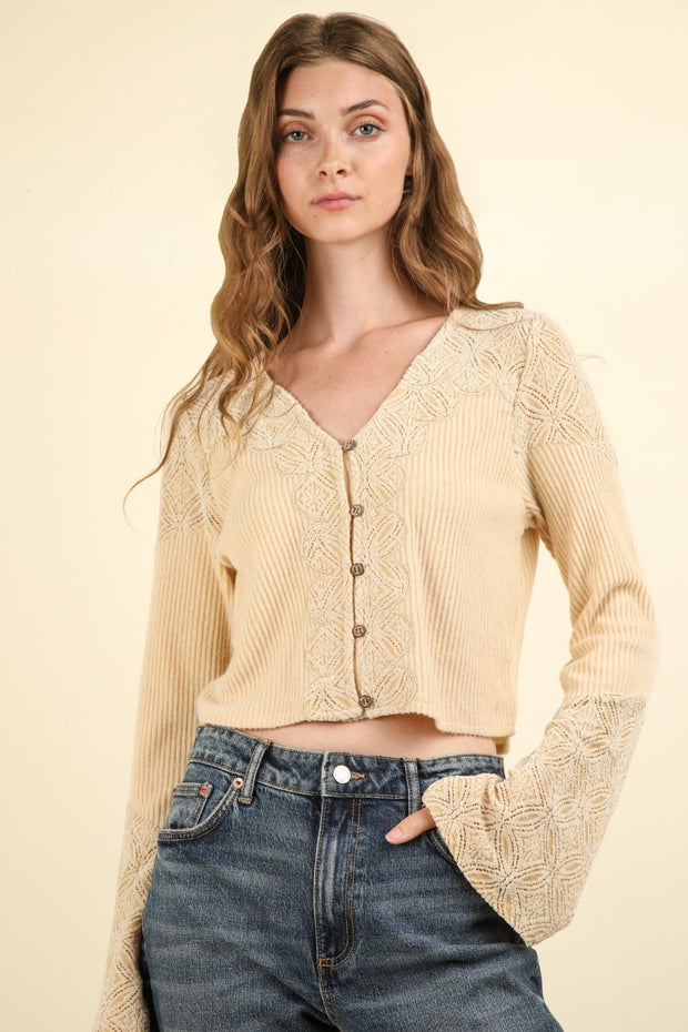 VERY J V-Neck Lace Detail Button Down Crop Ribbed Knit Top - Fashionmj