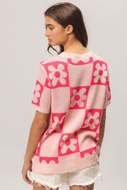 BiBi Flower Checker Pattern Short Sleeve Sweater - Fashionmj