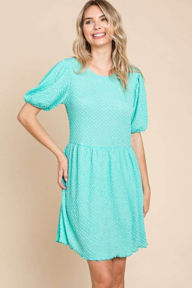 Culture Code Full Size Textured Round Neck Puff Sleeve Dress - Fashionmj