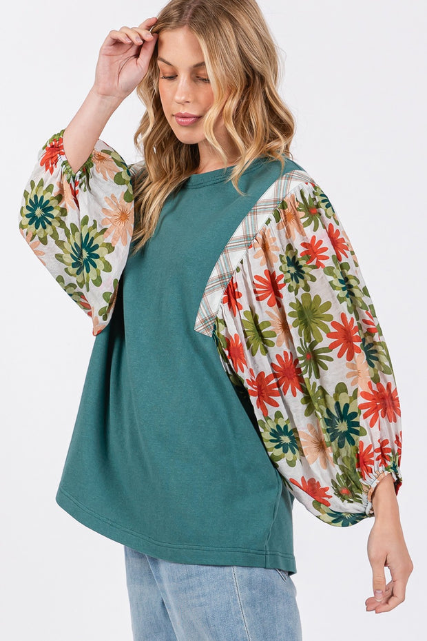 SAGE + FIG Full Size Printed Balloon Sleeve Contrast Top - Fashionmj