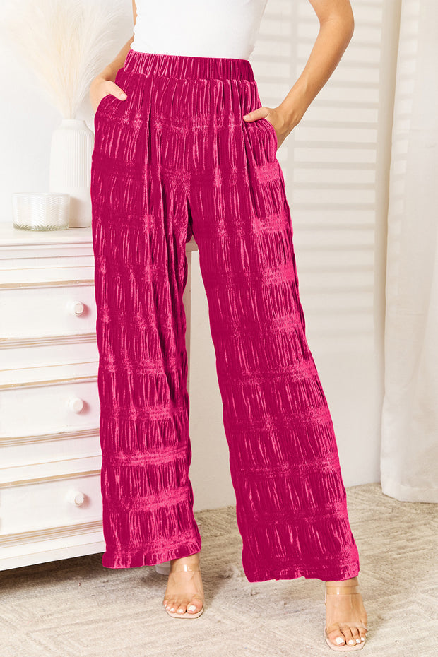 Double Take Full Size High Waist Tiered Shirring Velvet Wide Leg Pants - Fashionmj