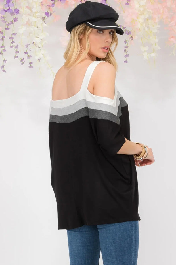 Celeste Full Size Striped Cold Shoulder Top - Fashionmj