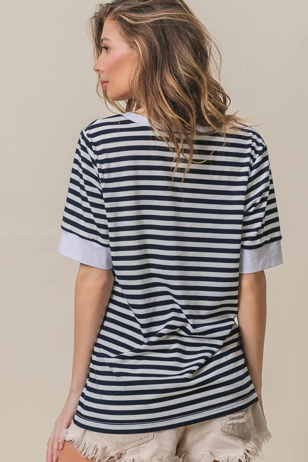 BiBi Contrast Striped Notched Knit Top - Fashionmj