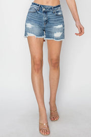 RISEN Stepped Waist Frayed Denim Shorts - Fashionmj