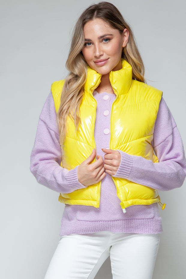 Snobbish Zip Up Turtleneck Shiny Quilted Vest - Fashionmj