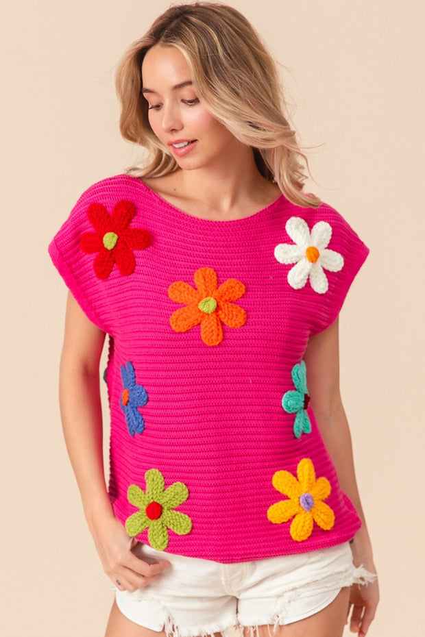 BiBi Flower Round Neck Cap Sleeve Knit Top - Fashionmj