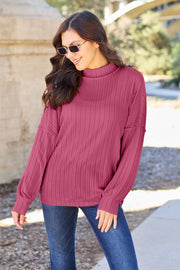 Basic Bae Full Size Ribbed Exposed Seam Mock Neck Knit Top - Fashionmj